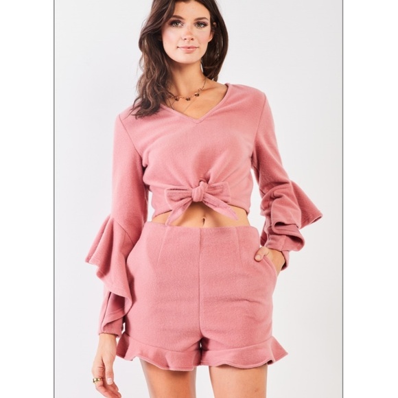 Very J Tops - Fuzzy Cropped Top & High-Waisted Shorts Set